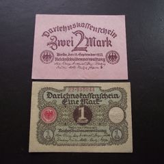 Germany. Darlehnskassenschein. 2 Mark (15.9.1922)+1 Mark (1.3.1920) Super Condition!