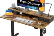 Electric Adjustable Height Desk, with 2 Fabric Drawers, 120x60cm 72-116cm Height, Stable Sit-Stand Standing Desk w. 2 Memory Buttons, Computer Desk for Home Office, 2 pcs Desktops, Brown