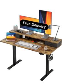 Electric Adjustable Height Desk, with 2 Fabric Drawers, 120x60cm 72-116cm Height, Stable Sit-Stand Standing Desk w. 2 Memory Buttons, Computer Desk for Home Office, 2 pcs Desktops, Brown