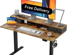 Electric Adjustable Height Desk, with 2 Fabric Drawers, 120x60cm 72-116cm Height, Stable Sit-Stand Standing Desk w. 2 Memory Buttons, Computer Desk for Home Office, 2 pcs Desktops, Brown