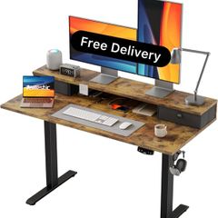 Electric Adjustable Height Desk, with 2 Fabric Drawers, 120x60cm 72-116cm Height, Stable Sit-Stand Standing Desk w. 2 Memory Buttons, Computer Desk for Home Office, 2 pcs Desktops, Brown