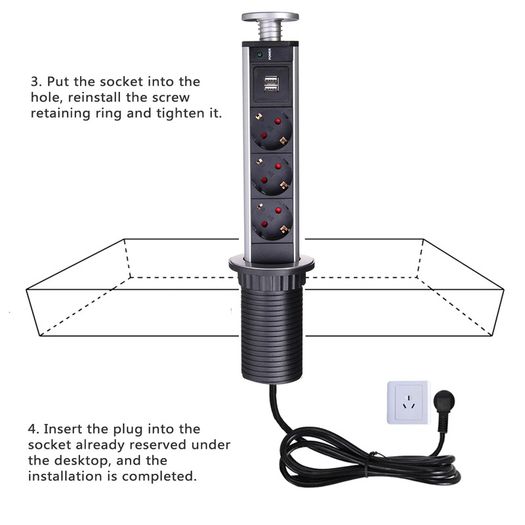 EU Plug PULL UP 3 Power Socket 2 USB 16A Charging Port Kitchen Table Desktop Sockets Retractable Countertops Worktop