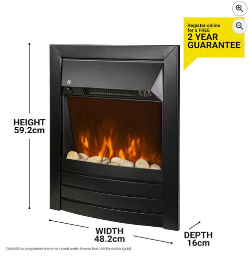 Zanussi 2KW Black Electric Inset Fire Stove with 2 Heat Settings, Timer and Remote Control