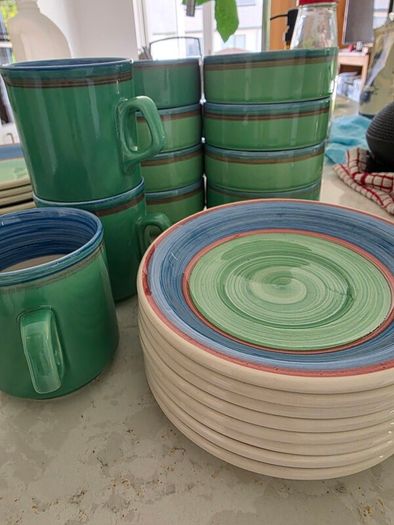 CARIGALINE plates bowls cups milk jug tea pot