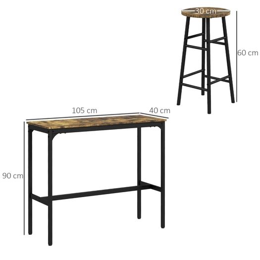 Industrial Design 2-Person Bar Table with 2 Stools Set, 3-Piece Bar Stool with Table Set, Brown + Black