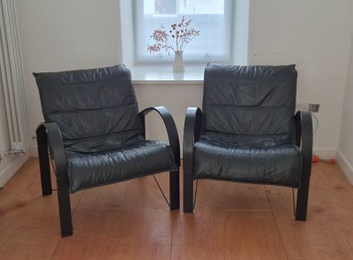 Pair of Vintage 1980s IKEA Polhem Black Leather Armchairs