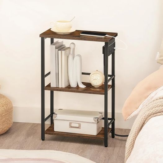 Narrow Side Table with Charging Station, 3-Tier End Table for Small Spaces, Sofa Table with Storage Shelf, for Living Room, Foyer, Bedroom, Office, Rustic Brown and Black