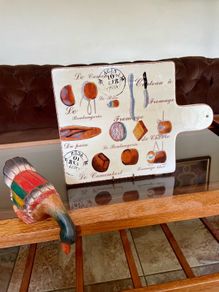 Elegant Retro Graphic French Bread and Cheese Serving Board in Glazed Ceramic