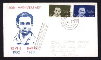 1970 Ireland 50th Anniversary of the Death of Kevin Barry Commemorative Stamp Illustrated Addressed First Day Cover (FDC)