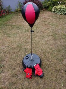Freestanding boxing bag and boxing gloves