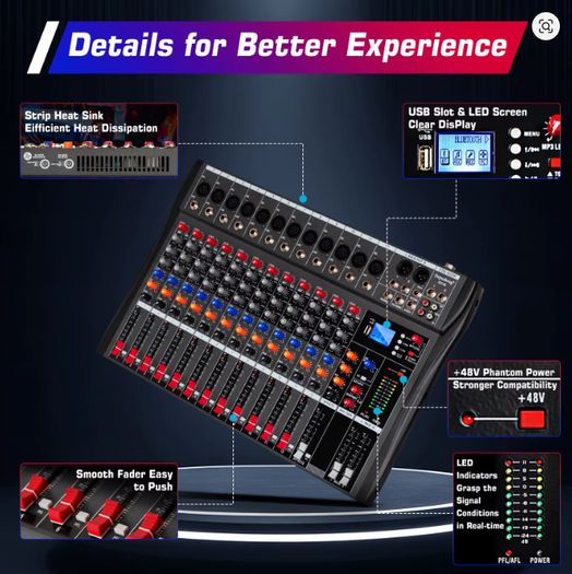 DEPUSHENG DX12 Professional Audio Mixer 12 Channel Studio Audio Console USB MP3 Input 48v Phantom Power DJ Console