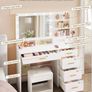 Dressing Table with 3-Colour LED Adjustable Brightness, Vanity Table with Plug and Large Mirror, Stool and Hairdryer Holder, Muti-Drawer Dressing Table, 6 Open Storage Areas Image 2