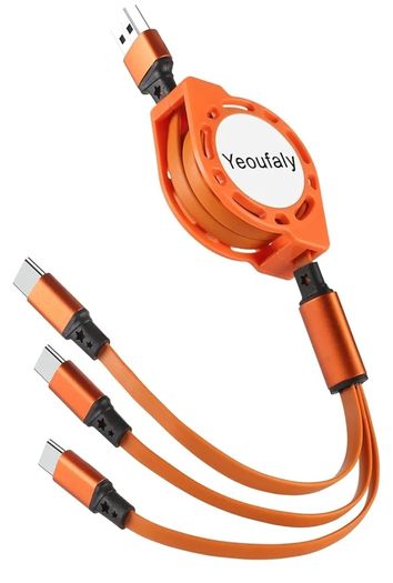 USB C Cable Fast Charging[1M 3A], Retractable QC 3.0 Sync Charger Cord with 3 Type C Connectors, for iPhone 15 Pro Max, Samsung Galaxy S23 S20 S10 Note 20, Nexus, Moto, Sony, Xiaomi, LG