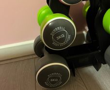 Dumbell set with stand and hand grip strengtheners