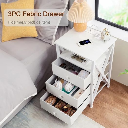 Bedside Table Set of 2 with Charging Station, Side Table with Led Lights, Bedside Cabinet with 3 Fabric Storage Drawers, End Table, Sofa Side Table, Nightstand for Living Room