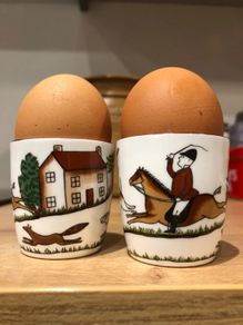 Vintage Crown Staffordshire Hunting Scene Bone China Egg Cups Pair - Perfect Condition