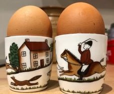 Vintage Crown Staffordshire Hunting Scene Bone China Egg Cups Pair - Perfect Condition