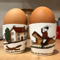 Vintage Crown Staffordshire Hunting Scene Bone China Egg Cups Pair - Perfect Condition