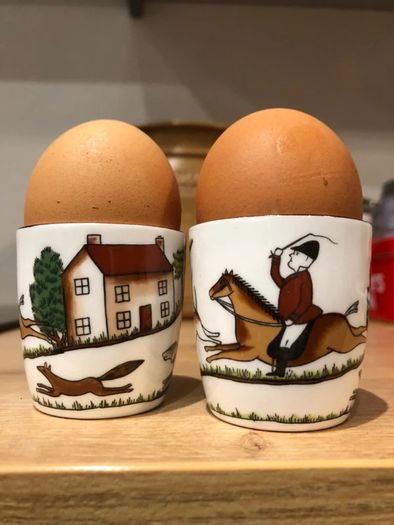 Vintage Crown Staffordshire Hunting Scene Bone China Egg Cups Pair - Perfect Condition