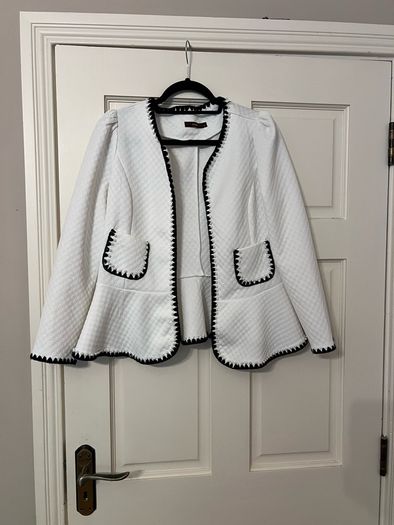 White blazer with black and pearl trim, size M