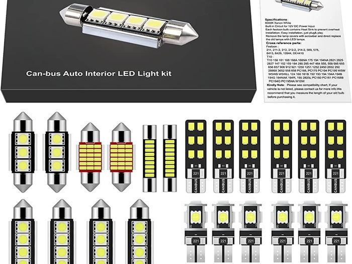 FREE SHIPPING 22PCs Can-bus Error Free LED SMD Bulbs Kit Set Spare Parts for Car Interior Dome Map Door Courtesy License Plate Lights Festoon C5W T10 168 194 2825 Xenon-White