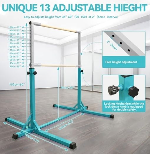 Gymnastics Bar Horizontal Bar with Gymnastic Rings for Kid 13 Height Adjustable, Junior Training Kip Bar Gymnastics Training Equipment for Home Gym Indoor Garden Outdoor