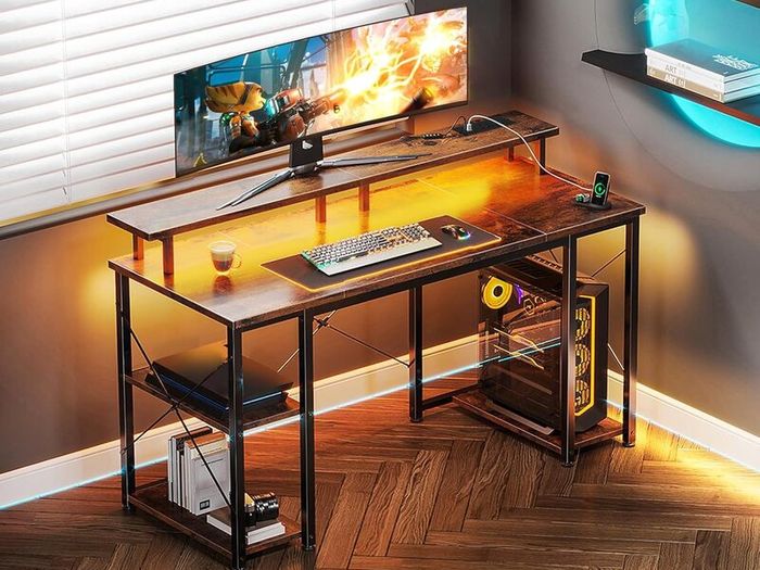 Gaming Desk with LED Lights 120x50 cm Computer Power Outlets PC Table Monitor Stand Storage Shelves CPU Vintage Brown