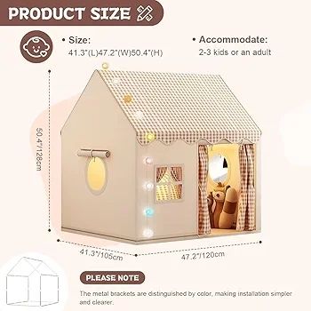 Kids Tent Playhouse with Star Lights and Tote Bags, Kids Play Tent Indoor & Outdoor, Washable Teepee Tent for Boys & Girls, Toy House for Toddler, Neutral Color Play Room Furniture (Beige-1)