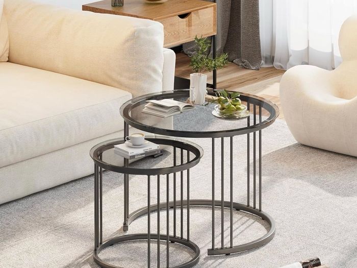 Round Coffee Tables, Set of 2 End Table, Nesting Tables, Side Table with Metal Frame for Living Room/Bedroom/Balcony/Office/Apartment, Diameter 23.6/15.7 IN (Black with Gray Glass)