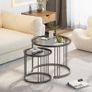 Round Coffee Tables, Set of 2 End Table, Nesting Tables, Side Table with Metal Frame for Living Room/Bedroom/Balcony/Office/Apartment, Diameter 23.6/15.7 IN (Black with Gray Glass) Image 3