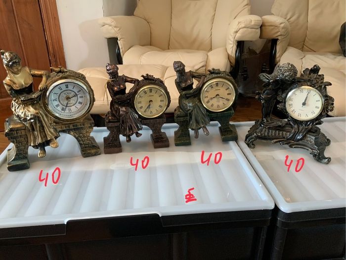 Clock, figures, Display Cabinet