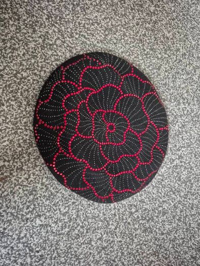 Wool Beret | Black with Red Floral Rhinestones