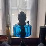 Antique Blue Glass Brass and cast iron metal large table oil lamp in very good condition and working Image 8