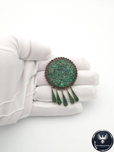 Vintage Mexican Signed 925 Sterling Silver Turquoise Inlay Brooch