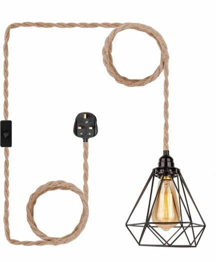 Plug in Pendant Light - Industrial Black 4.5m(15ft) Pendant Light Fitting, Hemp Rope Light Cord Metal Lampshade (MULTIPLE COLOURS AVAILABLE)