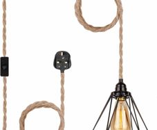 Plug in Pendant Light - Industrial Black 4.5m(15ft) Pendant Light Fitting, Hemp Rope Light Cord Metal Lampshade (MULTIPLE COLOURS AVAILABLE)