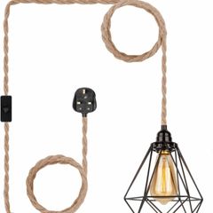 Plug in Pendant Light - Industrial Black 4.5m(15ft) Pendant Light Fitting, Hemp Rope Light Cord Metal Lampshade (MULTIPLE COLOURS AVAILABLE)