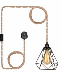 Plug in Pendant Light - Industrial Black 4.5m(15ft) Pendant Light Fitting, Hemp Rope Light Cord Metal Lampshade (MULTIPLE COLOURS AVAILABLE)