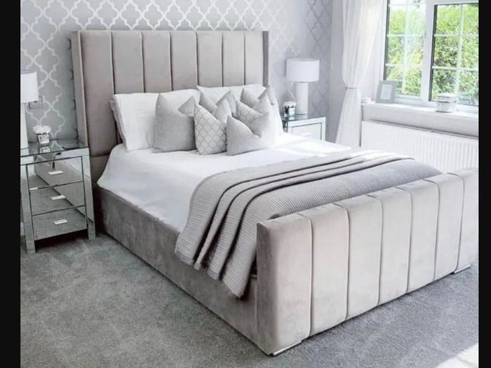 Ottoman Winged Panel Plush Velvet Upholstered Bed Frame Double & King Size Bed