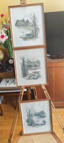 BY, F. Massa, Set Of 3 Vintage Framed watercoulored Drawings Prints Countryside