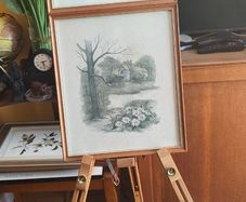 BY, F. Massa, Set Of 3 Vintage Framed watercoulored Drawings Prints Countryside