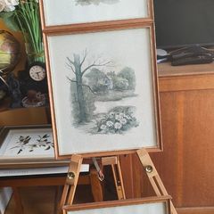 BY, F. Massa, Set Of 3 Vintage Framed watercoulored Drawings Prints Countryside