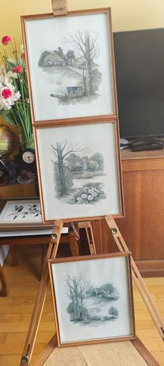 BY, F. Massa, Set Of 3 Vintage Framed watercoulored Drawings Prints Countryside