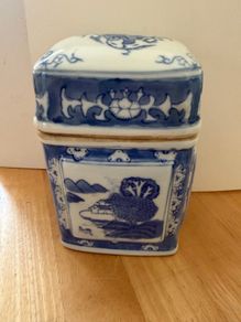 Vintage Asian Blue and White Lidded Ceramic Jar