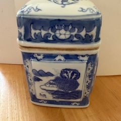 Vintage Asian Blue and White Lidded Ceramic Jar