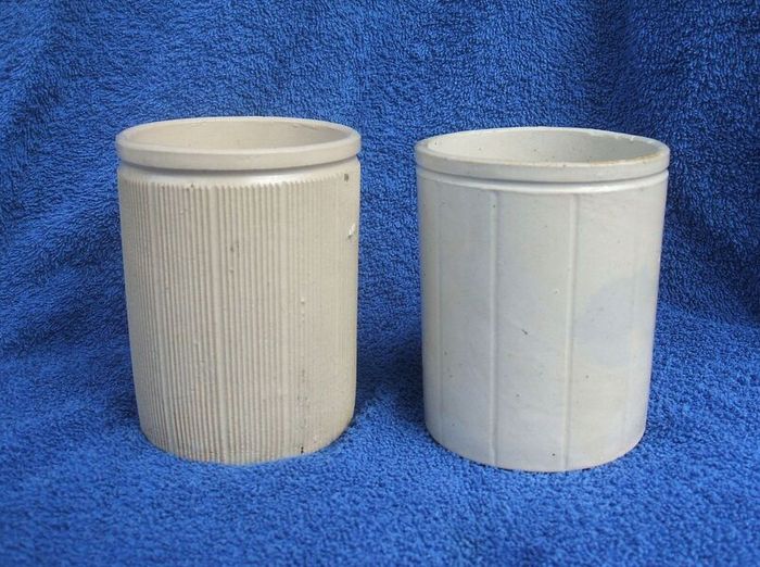 W. P. HARTLEY (jams, marmalades & jellies) - two antique stoneware jars, one with lighthouse imprint (c.1900)