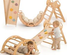 Montessori 5-in-1 Climbing Frame Set: Indoor Climbing Triangle, Climbing Arch with Cushion and Slide for Children, Indoor Playground 1-3 Years