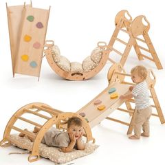 Montessori 5-in-1 Climbing Frame Set: Indoor Climbing Triangle, Climbing Arch with Cushion and Slide for Children, Indoor Playground 1-3 Years