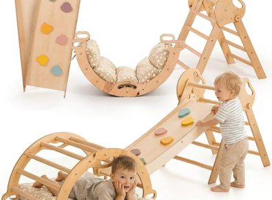 Montessori 5-in-1 Climbing Frame Set: Indoor Climbing Triangle, Climbing Arch with Cushion and Slide for Children, Indoor Playground 1-3 Years