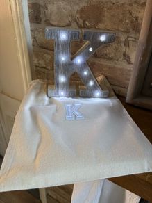 New 16cm x 15cm x 3cm washed wood effect K with lights in monogrammed gift bag